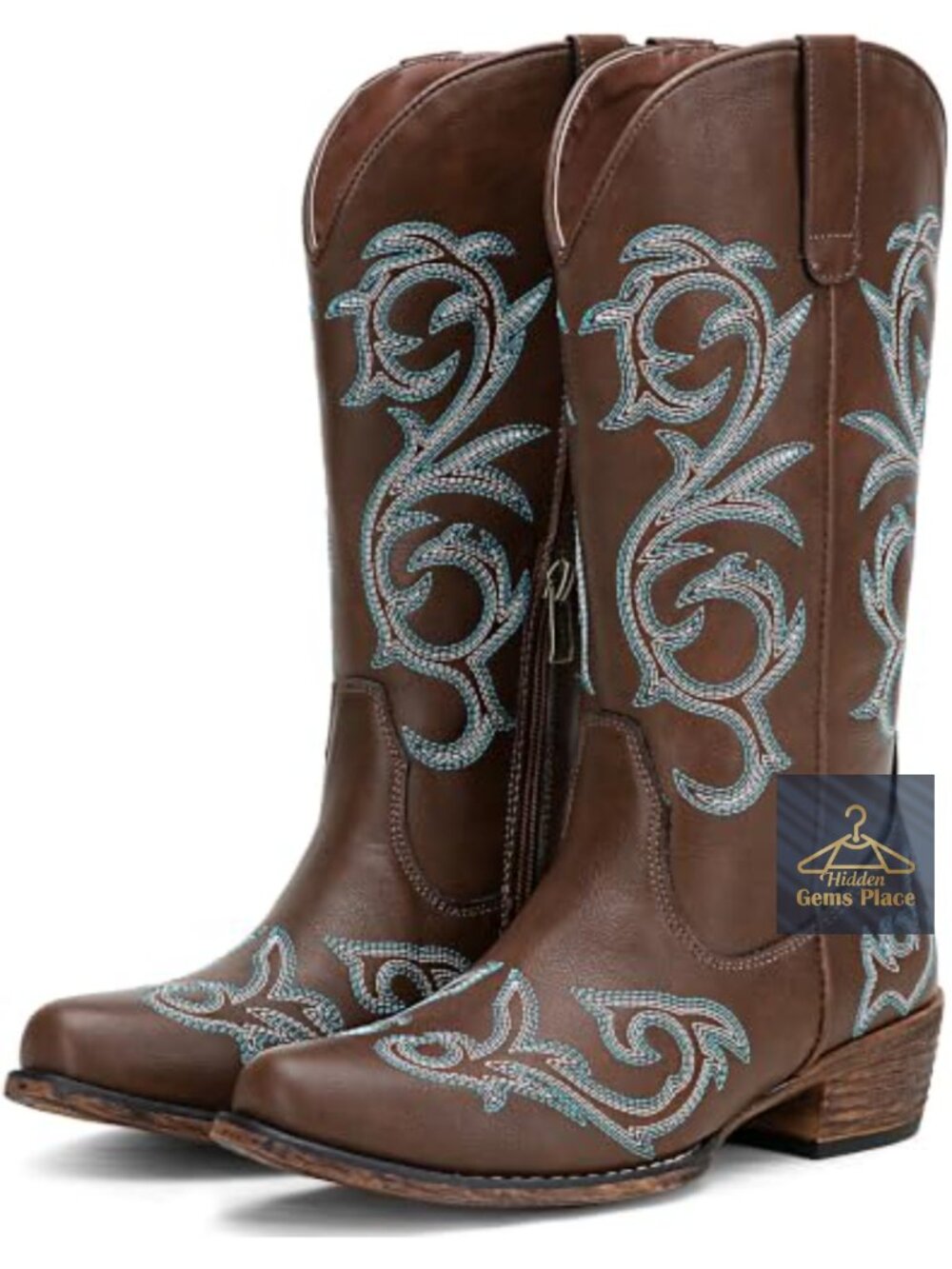 Women's Embroidered Wide Calf Cowboy Boots Mid Calf Square Toe Faux Leather